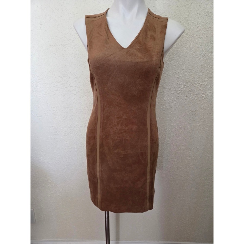 J.McLaughlin Womens Faux Suede Sheath Dress Camel Brown V-Neck Sleeveless Size S